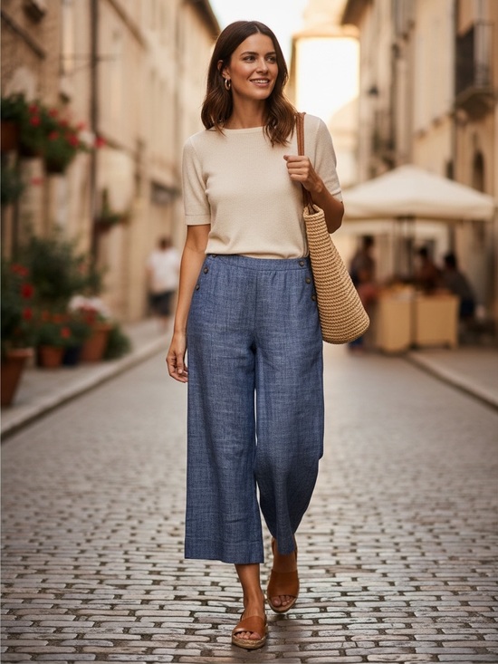 Sienna Sky Pants - Sienna Sky Wide-Leg Linen Blend Cropped Pants in Blue